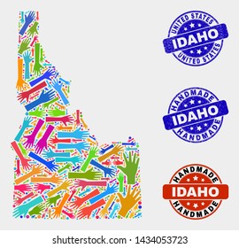Vector handmade combination of Idaho State map and corroded stamp seals. Mosaic Idaho State map is designed of scattered bright colorful hands. Rounded stamp imprints with distress rubber texture.