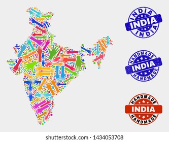 Vector handmade combination of India map and textured stamp seals. Mosaic India map is created with random bright colorful hands. Rounded seals with distress rubber texture.