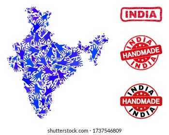 Vector handmade combination of India map and corroded watermarks. Mosaic India map is done of scattered blue hands. Rounded and crooked red watermarks with corroded rubber texture.