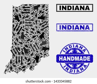 Vector handmade combination of Indiana State map and unclean stamp seals. Mosaic Indiana State map is composed of random hands. Blue stamp imprints with unclean rubber texture.