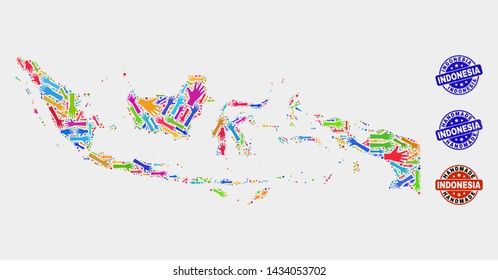 Vector handmade combination of Indonesia map and rubber watermarks. Mosaic Indonesia map is done with scattered bright colored hands. Rounded watermarks with scratched rubber texture.