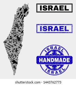 Vector handmade combination of Israel map and corroded seals. Mosaic Israel map is organized of scattered hands. Blue seals with grunge rubber texture. Flat design for handmade marketing posters.