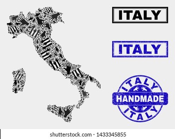 Vector handmade combination of Italy map and scratched stamp seals. Mosaic Italy map is formed of randomized hands. Blue seals with corroded rubber texture.