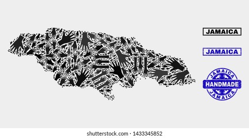 Vector handmade combination of Jamaica map and rubber stamp seals. Mosaic Jamaica map is constructed with scattered hands. Blue seals with unclean rubber texture.