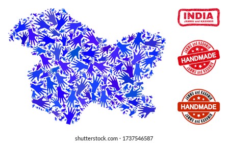 Mapa del estado de Jammu y Cachemira hecho a mano con vectores y sellos rascados. El mapa del estado de Mosaic Jammu y Kashmir está construido con manos azules al azar.