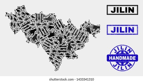 Vector handmade combination of Jilin Province map and rubber stamp seals. Mosaic Jilin Province map is made of random hands. Blue watermarks with scratched rubber texture.