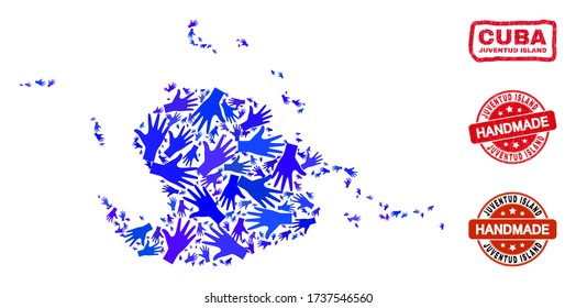 Vector handmade combination of Juventud Island map and scratched stamp seals. Mosaic Juventud Island map is formed of random blue hands.