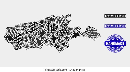 Vector handmade combination of Kangaroo Island map and rubber stamp seals. Mosaic Kangaroo Island map is organized from randomized hands. Blue seals with distress rubber texture.