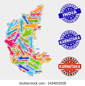 Vector handmade combination of Karnataka State map and scratched stamp seals. Mosaic Karnataka State map is created with random bright colored hands.