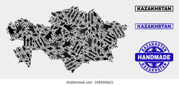 Vector handmade combination of Kazakhstan map and scratched watermarks. Mosaic Kazakhstan map is constructed with scattered hands. Blue watermarks with corroded rubber texture.