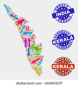 Vector handmade combination of Kerala State map and grunge stamp seals. Mosaic Kerala State map is designed of random bright colorful hands. Rounded stamp imprints with grunge rubber texture.