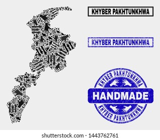 Vector handmade combination of Khyber Pakhtunkhwa Province map and rubber seals. Mosaic Khyber Pakhtunkhwa Province map is composed with randomized hands. Blue seals with scratched rubber texture.