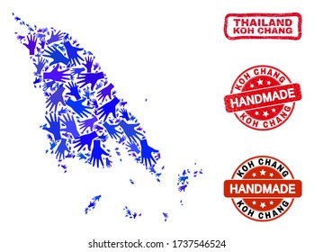 Combinación de vectores hecha a mano del mapa de Koh Chang y sellos de estampado de grunge. El mapa Mosaic Koh Chang está diseñado de manos azules al azar. Impresiones de sello rojo redondeado y seco con textura de caucho grunge.
