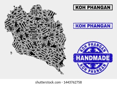 Vector handmade combination of Koh Phangan map and rubber watermarks. Mosaic Koh Phangan map is designed of random hands. Blue watermarks with scratched rubber texture.