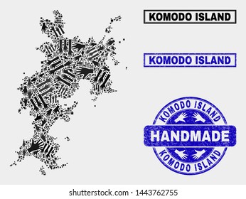Vector handmade combination of Komodo Island map and grunge stamp seals. Mosaic Komodo Island map is done of random hands. Blue stamp imprints with grunge rubber texture.