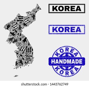 Vector handmade combination of Korea map and rubber seals. Mosaic Korea map is made with random hands. Blue seals with scratched rubber texture. Flat design for hand made service templates.