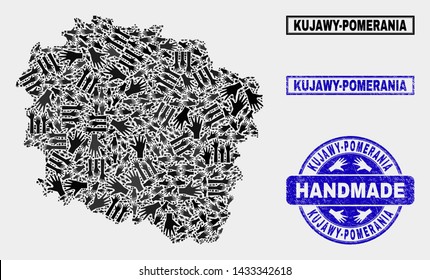 Vector handmade combination of Kujawy-Pomerania Province map and corroded stamp seals. Mosaic Kujawy-Pomerania Province map is done with randomized hands.