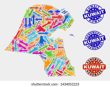 Vector handmade combination of Kuwait map and dirty stamp seals. Mosaic Kuwait map is created of scattered bright colored hands. Rounded stamp imprints with scratched rubber texture.