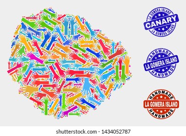 Vector handmade combination of La Gomera Island map and rubber watermarks. Mosaic La Gomera Island map is formed with random bright colored hands. Rounded stamp imprints with grunge rubber texture.