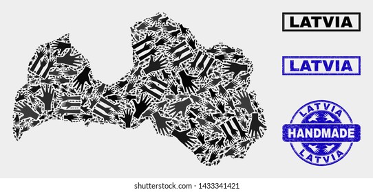 Vector handmade combination of Latvia map and rubber watermarks. Mosaic Latvia map is composed with scattered hands. Blue watermarks with distress rubber texture.