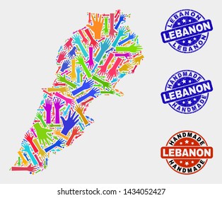 Vector handmade combination of Lebanon map and dirty watermarks. Mosaic Lebanon map is designed with randomized bright colored hands. Rounded watermarks with unclean rubber texture.