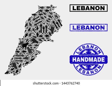 Vector handmade combination of Lebanon map and unclean seals. Mosaic Lebanon map is designed of scattered hands. Blue seals with scratched rubber texture. Flat design for handmade marketing purposes.