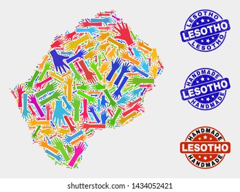 Vector handmade combination of Lesotho map and rubber stamps. Mosaic Lesotho map is formed with randomized bright colorful hands. Rounded watermarks with scratched rubber texture.