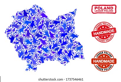 Vector handmade combination of Lesser Poland Voivodeship map and rubber watermarks. Mosaic Lesser Poland Voivodeship map is formed of randomized blue hands.