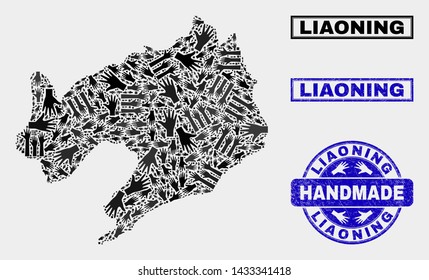 Vector handmade combination of Liaoning Province map and scratched watermarks. Mosaic Liaoning Province map is created of randomized hands. Blue watermarks with distress rubber texture.