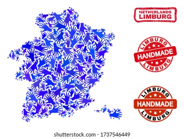Vector handmade combination of Limburg Province map and dirty stamp seals. Mosaic Limburg Province map is created of randomized blue hands. Rounded and crooked red seals with distress rubber texture.