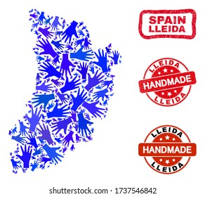 Combinación de vectores hechos a mano de mapas de la provincia de Lleida y sellos de caucho. El mapa de la provincia de Lérida está hecho de manos azules al azar. Impresiones de sello rojo redondeado y seco con textura de caucho raspado.