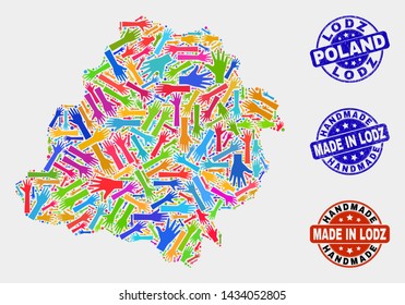 Vector handmade combination of Lodz Voivodeship map and textured stamps. Mosaic Lodz Voivodeship map is formed of randomized bright colored hands. Rounded watermarks with scratched rubber texture.
