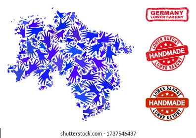 Combinación de vectores hechos a mano del mapa de tierras de la Baja Sajonia y sellos rayados. El mapa Mosaic Lower Sajony Land está creado con manos azules dispersas. Juntas rojas redondeadas y secas con textura de caucho raspada.