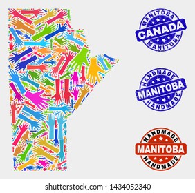 Vector handmade combination of Manitoba Province map and textured watermarks. Mosaic Manitoba Province map is constructed with randomized bright colored hands.