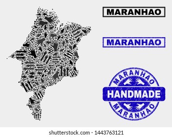 Vector handmade combination of Maranhao State map and scratched seals. Mosaic Maranhao State map is formed of randomized hands. Blue seals with corroded rubber texture.