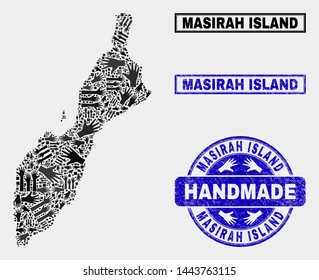 Vector handmade combination of Masirah Island map and rubber seals. Mosaic Masirah Island map is composed of scattered hands. Blue seals with distress rubber texture.