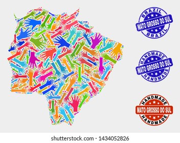 Vector handmade combination of Mato Grosso do Sul State map and rubber seals. Mosaic Mato Grosso do Sul State map is created of scattered bright colorful hands.