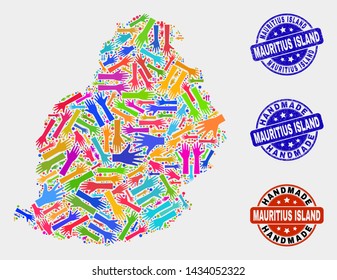 Vector handmade combination of Mauritius Island map and unclean seals. Mosaic Mauritius Island map is formed of scattered bright colored hands. Rounded seals with unclean rubber texture.