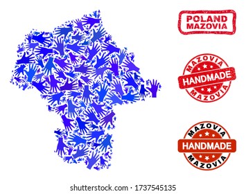 Vector handmade combination of Mazovia Province map and textured watermarks. Mosaic Mazovia Province map is composed with random blue hands. Rounded and awry red seals with unclean rubber texture.