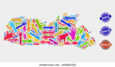 Vector handmade combination of Meghalaya State map and rubber stamp seals. Mosaic Meghalaya State map is done with scattered bright colored hands. Rounded seals with distress rubber texture.
