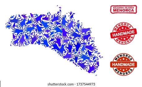 Vector handmade combination of Menorca Island map and rubber watermarks. Mosaic Menorca Island map is constructed of scattered blue hands. Rounded and wry red seals with grunge rubber texture.