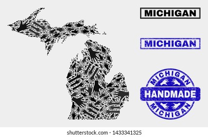 Vector handmade combination of Michigan State map and rubber stamp seals. Mosaic Michigan State map is formed with scattered hands. Blue seals with grunge rubber texture.