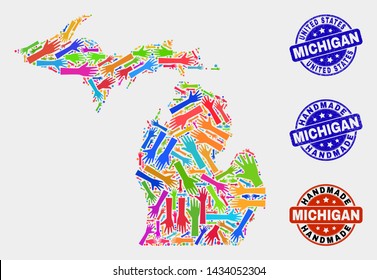 Vector handmade combination of Michigan State map and rubber stamps. Mosaic Michigan State map is constructed of random bright colored hands. Rounded stamp imprints with grunge rubber texture.
