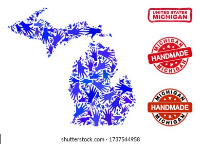 Vector handmade combination of Michigan State map and corroded seals. Mosaic Michigan State map is designed with randomized blue hands. Rounded and crooked red seals with corroded rubber texture.