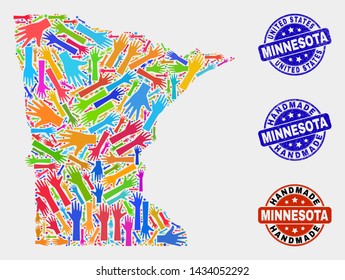 Vector handmade combination of Minnesota State map and corroded stamp seals. Mosaic Minnesota State map is created of scattered bright colorful hands. Rounded seals with scratched rubber texture.