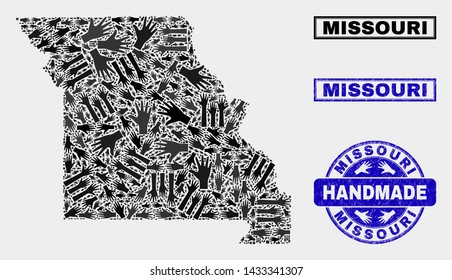 Vector handmade combination of Missouri State map and dirty stamp seals. Mosaic Missouri State map is made with scattered hands. Blue stamp imprints with corroded rubber texture.