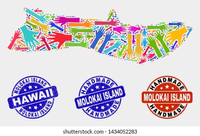 Vector handmade combination of Molokai Island map and rubber seals. Mosaic Molokai Island map is done with randomized bright colorful hands. Rounded seals with corroded rubber texture.