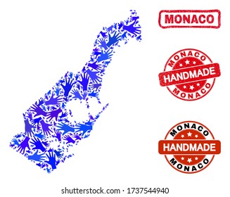 Vector handmade combination of Monaco map and rubber watermarks. Mosaic Monaco map is made with scattered blue hands. Rounded and rough red watermarks with grunge rubber texture.