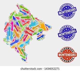 Vector handmade combination of Montenegro map and rubber watermarks. Mosaic Montenegro map is organized of randomized bright colored hands. Rounded seals with distress rubber texture.