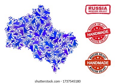 Vector handmade combination of Moscow Region map and rubber watermarks. Mosaic Moscow Region map is formed of scattered blue hands. Rounded and awry red watermarks with grunge rubber texture.